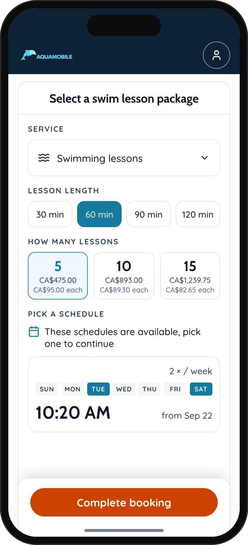 Phone showing the swim lesson booking panel: package, schedule and price